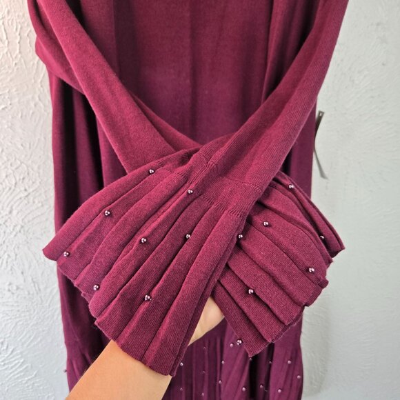 Chico's Cardigan Sweater Pearl Beaded S Burgundy Red Open Front Formal Drape Top - Picture 5 of 11